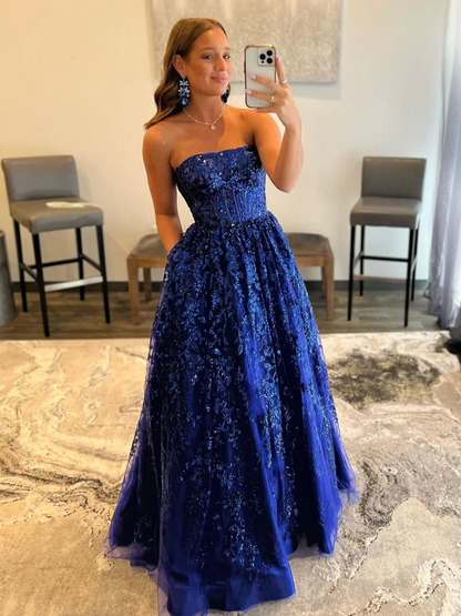 Blau A-Linie Tüll langes Ballkleid mit Pailletten, blaues Tüll Abendkleid gh2213