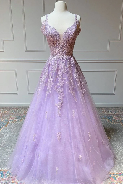 V-Ausschnitt schulterfreies langes lila Spitzen-Abschlussballkleid, schulterfreies lila Spitzen-formales Abschluss-Abendkleid gh2123
