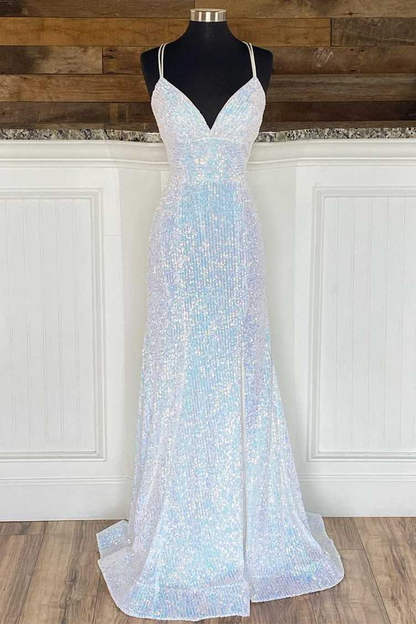 Silber Pailletten V-Ausschnitt Reich Meerjungfrau Langes Ballkleid gh2124