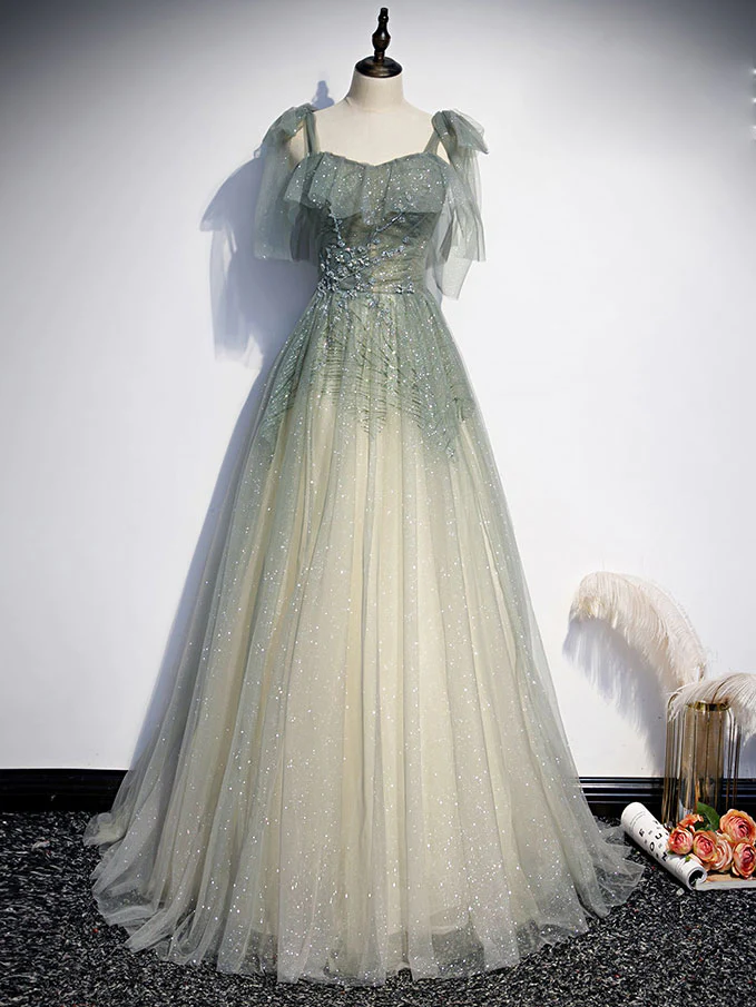 Grau Grün Tüll Pailletten Perlen Langes Abendkleid, Grünes Abendkleid gh2132