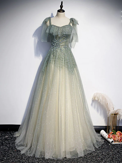 Grau Grün Tüll Pailletten Perlen Langes Abendkleid, Grünes Abendkleid gh2132