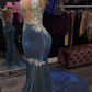 Blaues, rückenfreies, langes Neckholder-Ballkleid mit offener Vorderseite gh2102