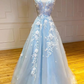 Blaues V-Ausschnitt-Applikations-Tüllspitze-langes elegantes Ballkleid-Abendkleid gh2306