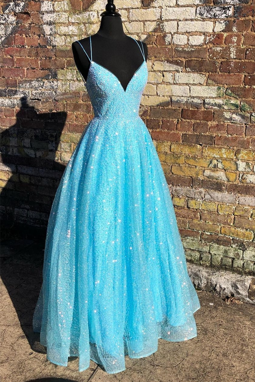 Blaues, glänzendes, langes formelles A-Linien-Kleid mit Schnürrücken gh2161