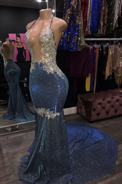 Blaues, rückenfreies, langes Neckholder-Ballkleid mit offener Vorderseite gh2102