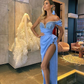 Charming Blue High Slit Chiffon Long Prom Dress, Beaded Evening Dress gh2041