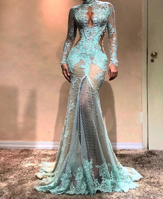 Long Sleeves Illusion Turqoise Prom Dress gh2178