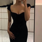 Simple Floor Length Black Prom Evening Dress With Cap Sleeves  gh2566