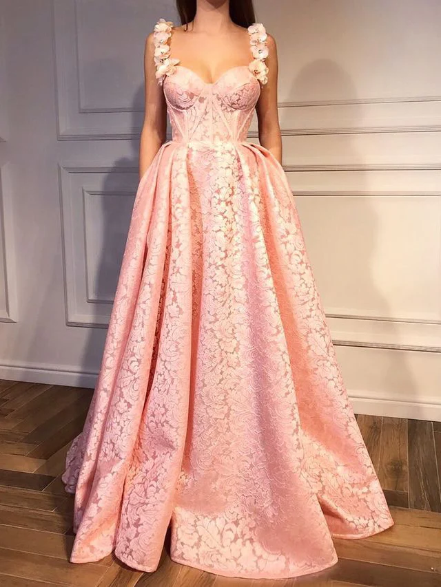 Rosa Abendkleider Träger A-Linie bodenlangen sexy Luxus-Abschlussballkleid gh2331