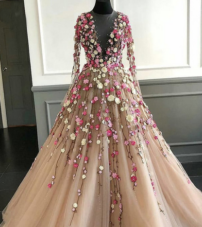 Geschwollenes Tüll-Abschlussballkleid mit langen Ärmeln und Spitzenblumen, langes Partykleid mit schönen Blumen gh2280