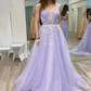Elegantes A-Linie langes Abendkleid Applikationen Tüll mit tiefem V-Ausschnitt Partykleider gh2250