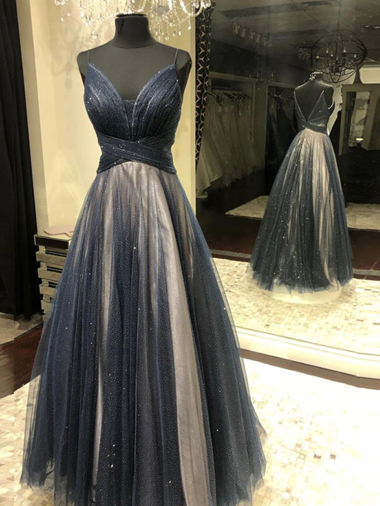 Dunkelmarineblaue lange Ballkleider aus Tüll, rückenfreie dunkelblaue lange formelle Abendkleider gh2265