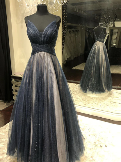 Dunkelmarineblaue lange Ballkleider aus Tüll, rückenfreie dunkelblaue lange formelle Abendkleider gh2265