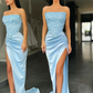 TRENDIGES HIMMELBLAUES TRÄGERLOSES PAILLETTEN-OBERTEIL HOCH GETEILTES ABSCHLUSSKLEID gh2044