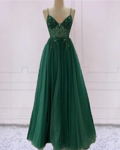 Emerald green beautiful V neck exquisite beading spaghetti straps long tulle handmade custom ball gown evening dress party dress gh2341