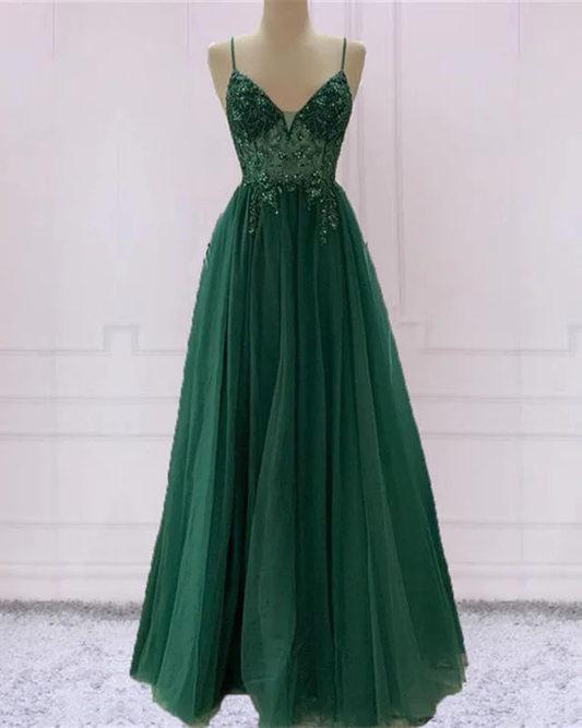 Emerald green beautiful V neck exquisite beading spaghetti straps long tulle handmade custom ball gown evening dress party dress gh2341