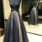 Dunkelmarineblaue lange Ballkleider aus Tüll, rückenfreie dunkelblaue lange formelle Abendkleider gh2265