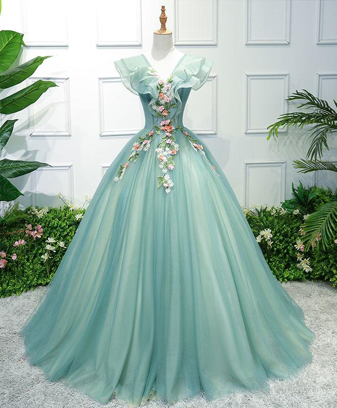 Grünes langes Ballkleid aus Tüll mit V-Ausschnitt, formelle Kleider, grünes Abendkleid gh2194