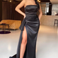 BLACK STRAPLESS HIGH SPLIT LONG MERMAID LOW BACK PLEATS PROM DRESS  gh2051