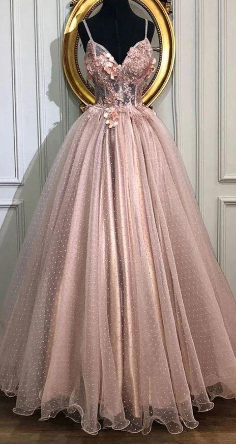 A-Linie Tüll mit V-Ausschnitt, lange Ballkleider, perlrosa Applikationen, formelles Abendkleid gh2126
