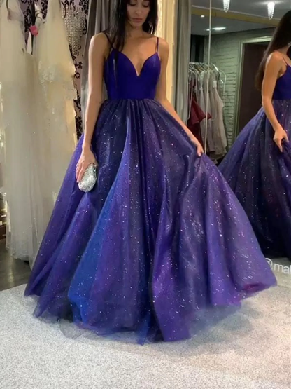 Glänzende blaue lange Ballkleider mit V-Ausschnitt, Bling Bling blaue lange formelle Abendkleider gh2170