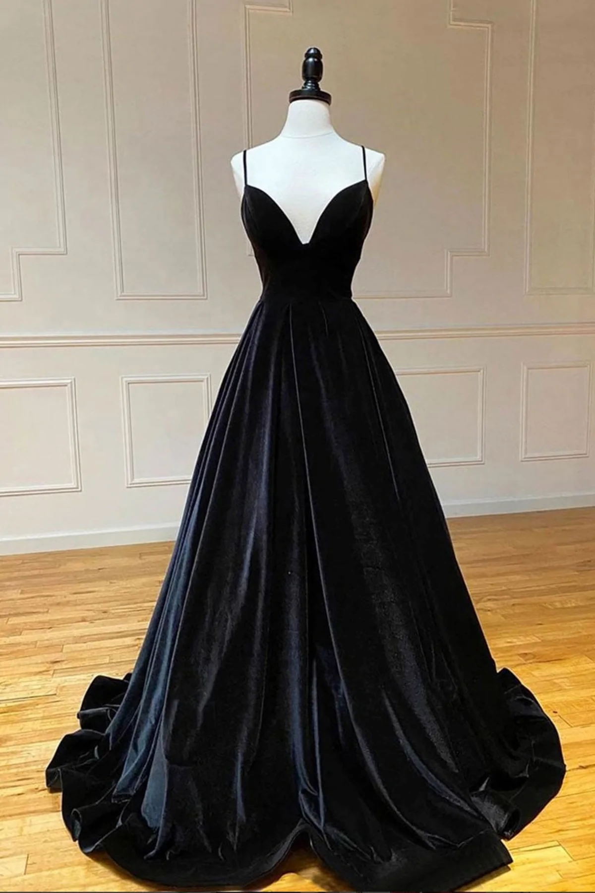 A Line V Neck Backless Black Velvet Long Prom Dresses, V Neck Black Formal Dresses, Black Velvet Evening Dresses  gh2235