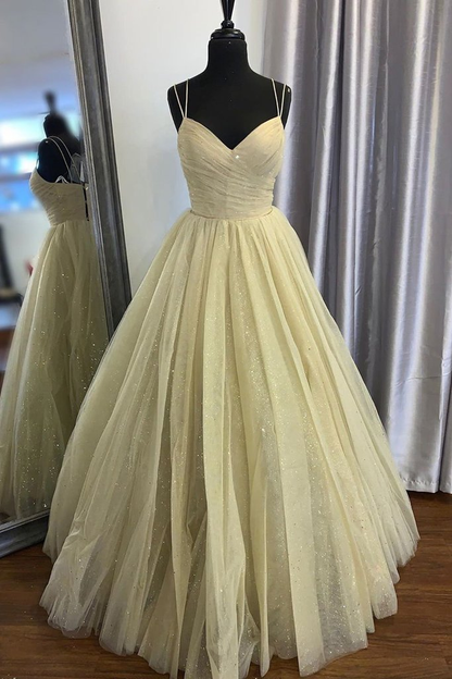 Stylish V Neck Open Back Dark Yellow Prom Dress , Shiny V Neck Dark Yellow Formal Evening Dress, Sparkly Yellow Ball Gown gh2479