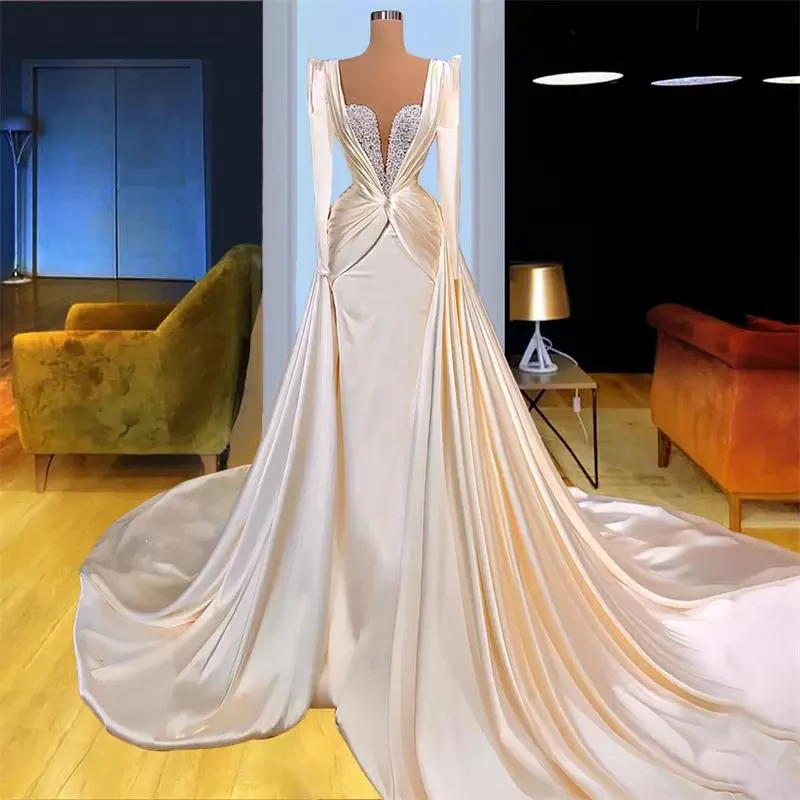 Mermaid Evening Dresses Satin Off The Shoulder Beaded Train Formal Gowns   gh2176