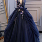 Ball Gown Blue Tulle Lace Long Prom Dresses Deep V Neck Backless Evening Dresses  gh2224