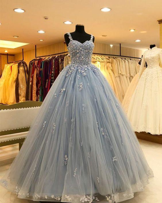 Wunderschönes bördelndes hellblaues Ballkleid-Abschlussballkleid mit Applikationen gh2199