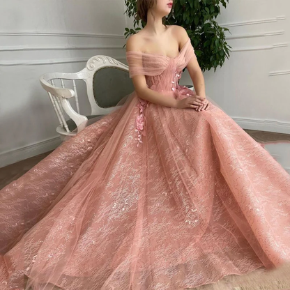 Weg von der Schulter-Schatz-3D-Blumen-Falten-Spitze-Taschen-Tüll-Abschlussball-Kleid-formalen Hochzeitsfest-Kleidern gh2189