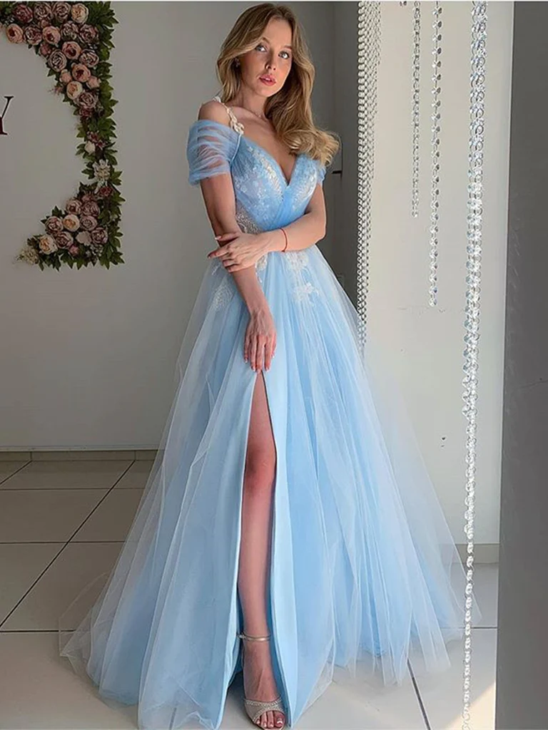 Elegant Off Shoulder Light Blue Tulle Long Prom Dresses, Off the Shoulder Light Blue Formal Evening Dresses  gh2212