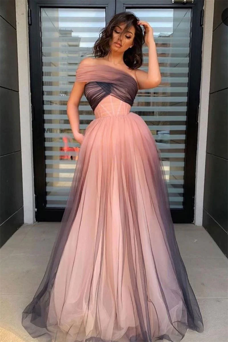 One-Shoulder Ombre Long Prom Dress Elegant Tulle Formal Gown  gh2204