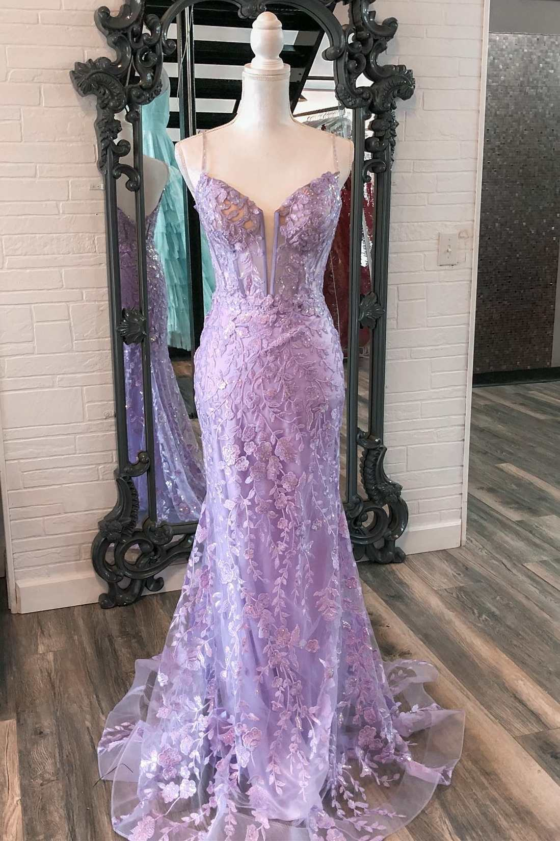 Lavendel-Blumenapplikationen Split Neck Mermaid Langes Abendkleid gh2595