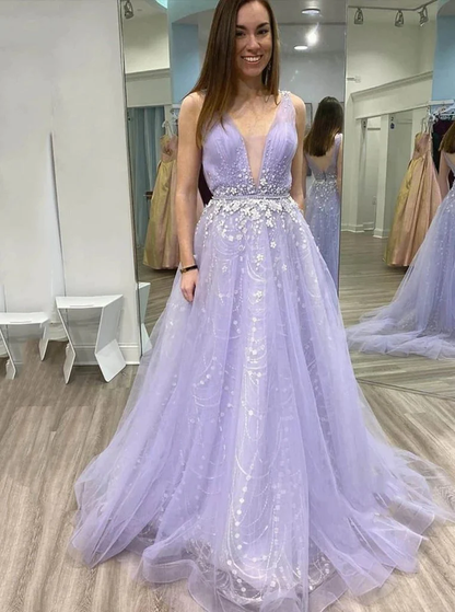 Elegantes A-Linie langes Abendkleid Applikationen Tüll mit tiefem V-Ausschnitt Partykleider gh2250