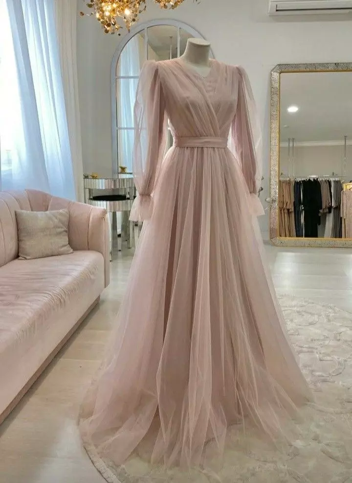 Robe de soirée longue en tulle rose de haute qualité, simple et élégante, à manches longues, robe de bal, robe de mariée, robe d'invitée, robe de gala Gh2215