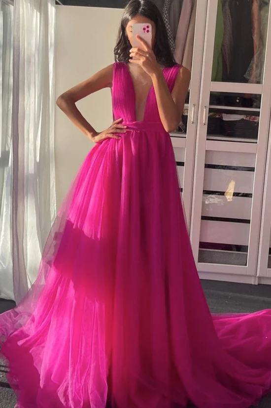Pflaumenrot V-Ausschnitt Tüll langes Ballkleid Tüll formelles Kleid gh2563