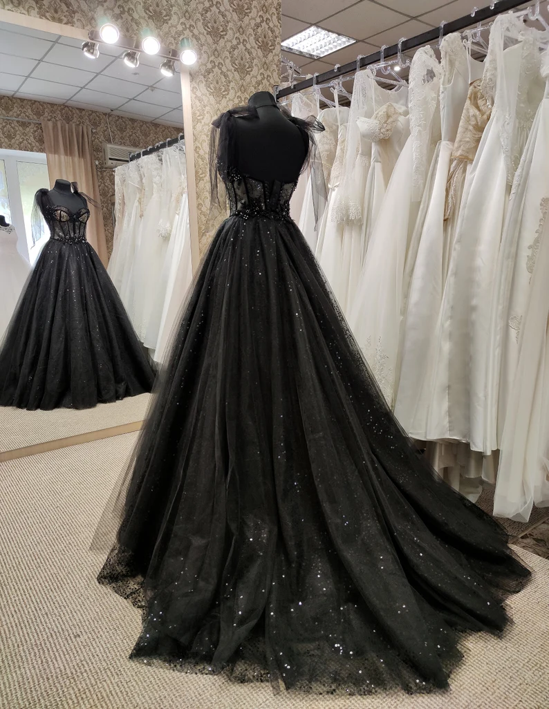 Tüll schwarz Applikation Perlen A-Linie Maxi Korsett Kleid Partykleid schulterfreies Kleid Ballkleid elegantes Abendkleid gh2106