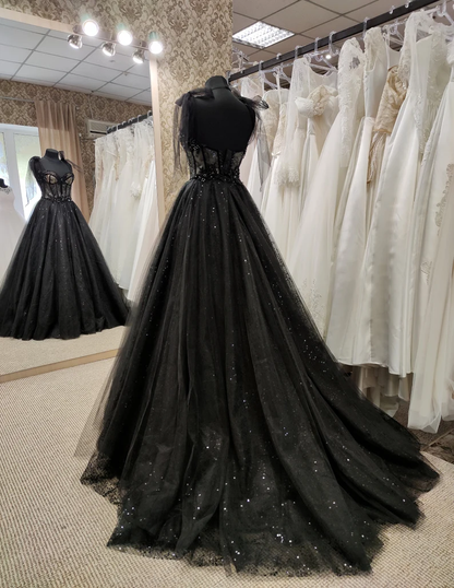 Tüll schwarz Applikation Perlen A-Linie Maxi Korsett Kleid Partykleid schulterfreies Kleid Ballkleid elegantes Abendkleid gh2106