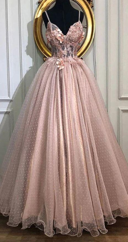 A-Linie Tüll mit V-Ausschnitt, lange Ballkleider, perlrosa Applikationen, formelles Abendkleid gh2126
