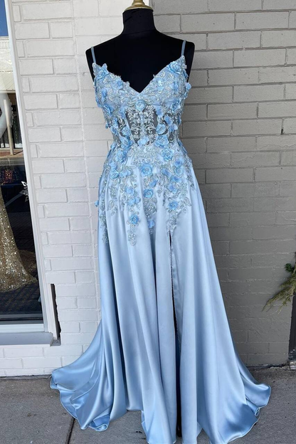 Hellblau A-Linie 3D Blumen Satin Langes Ballkleid gh2304
