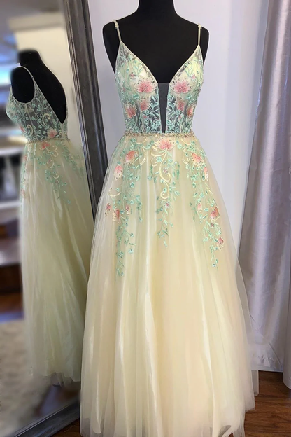 Wunderschöne Träger A-Linie Blumenbesticktes langes Ballkleid gh2456