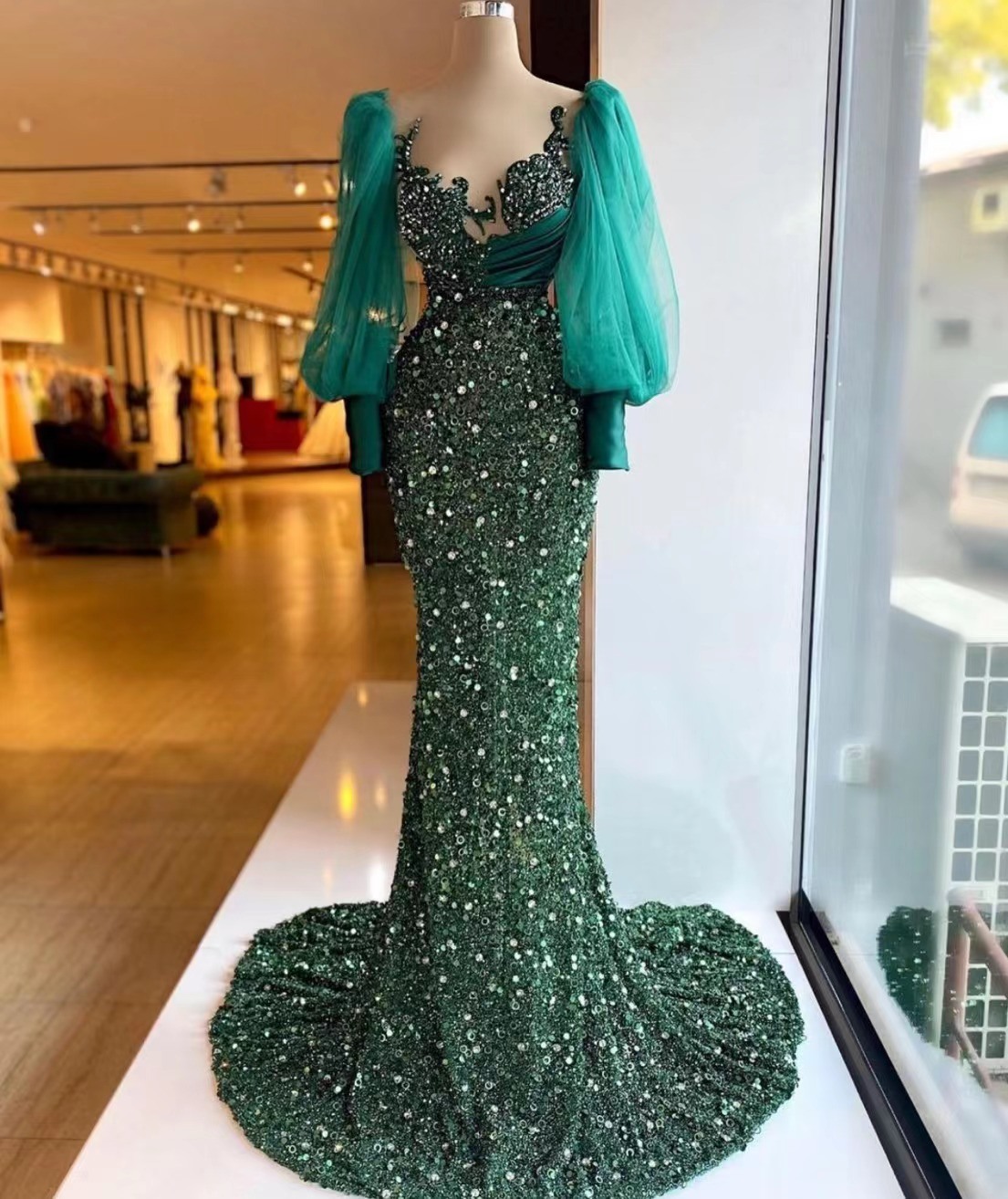 jägergrün abendkleider langarm bescheiden elegant funkelnd meerjungfrau luxus formale partykleider frauen abendkleid gh2364