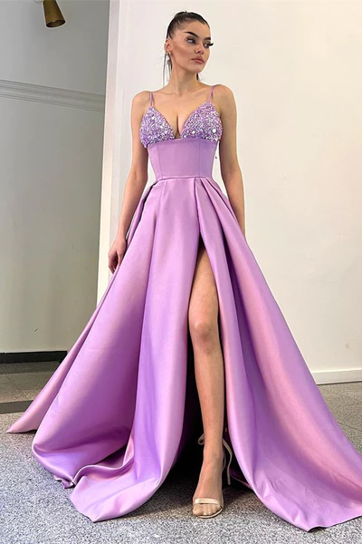 LILA SPAGHETTI-TRÄGER ÄRMELLOSES ABSCHLUSSKLEID LANG GETEILT MIT PAILLETTEN gh2034
