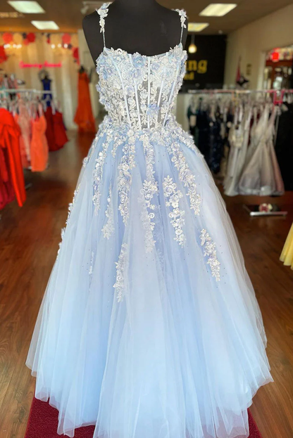 Blaues, herzförmiges, langes Ballkleid aus Tüll mit Spitzenapplikationen gh2313