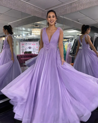 Tiefer V-Ausschnitt Lila Tüll Langes Abendkleid, Langes Lavendel Abendkleid gh2220
