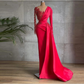 Glamorous Red Satin Dubai Abendkleider Lange Ärmel Sheer Neck Perlen Ballkleider Promi Formale Kleid gh2202
