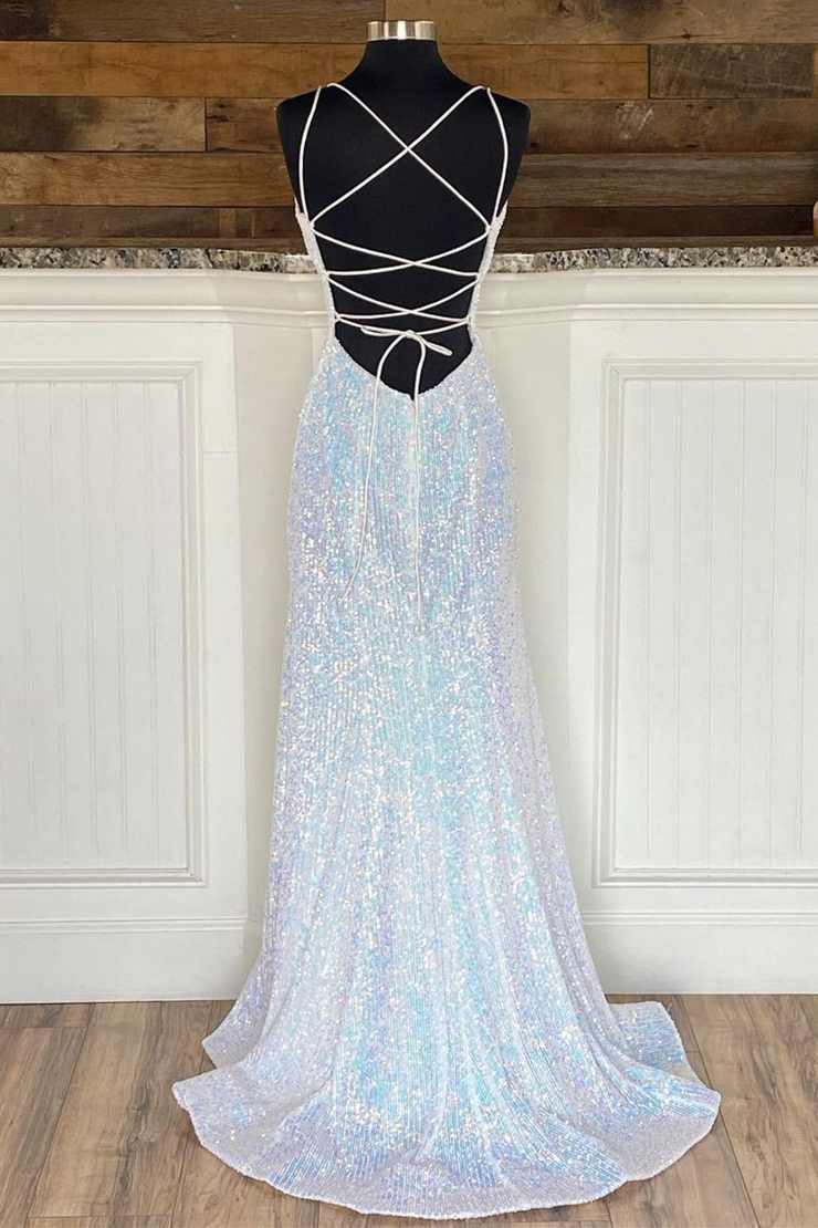 Silber Pailletten V-Ausschnitt Reich Meerjungfrau Langes Ballkleid gh2124