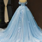 Light Sky Blue Off The Shoulder Ball Gown Tulle Prom Dress With Applique  gh2282