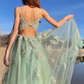 Grünes V-Ausschnitt Tüll Spitzenapplikationen Langes Abendkleid gh2211